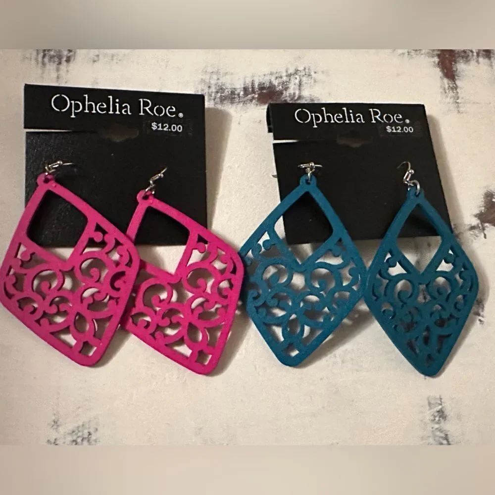 Ophelia Roe large wooden dangle earrings pink blue